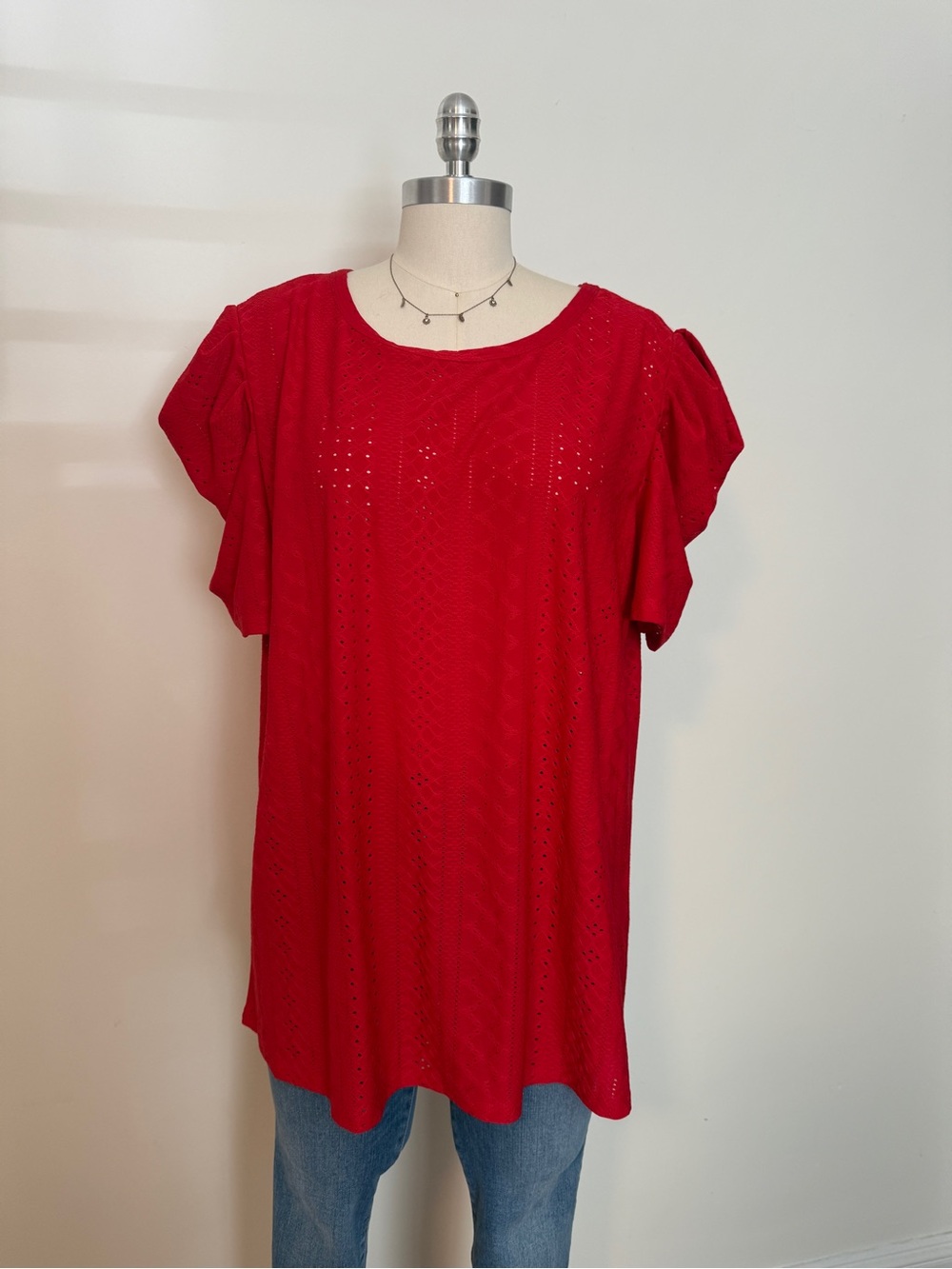Red Ruched Sleeve Eyelet Lace Top